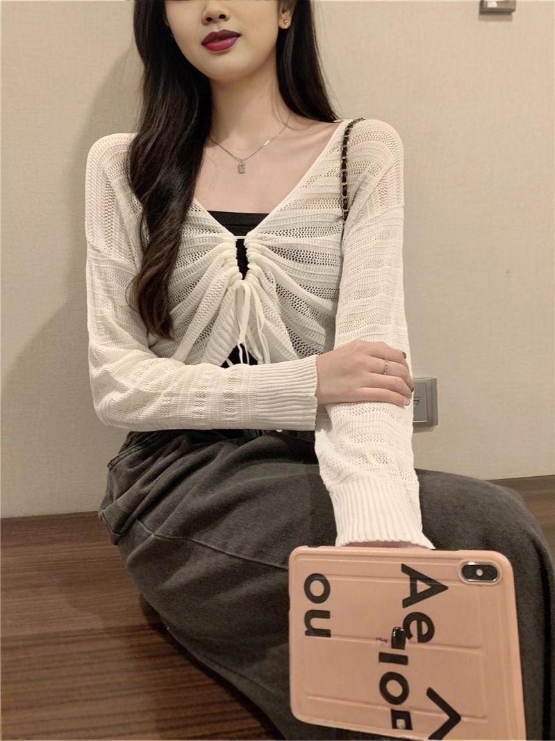 Unique Short Sun-Protective Blouse for Women, Summer French Style, Trendy Sheer Solid Color Versatile Sweet and Spicy Top Ins