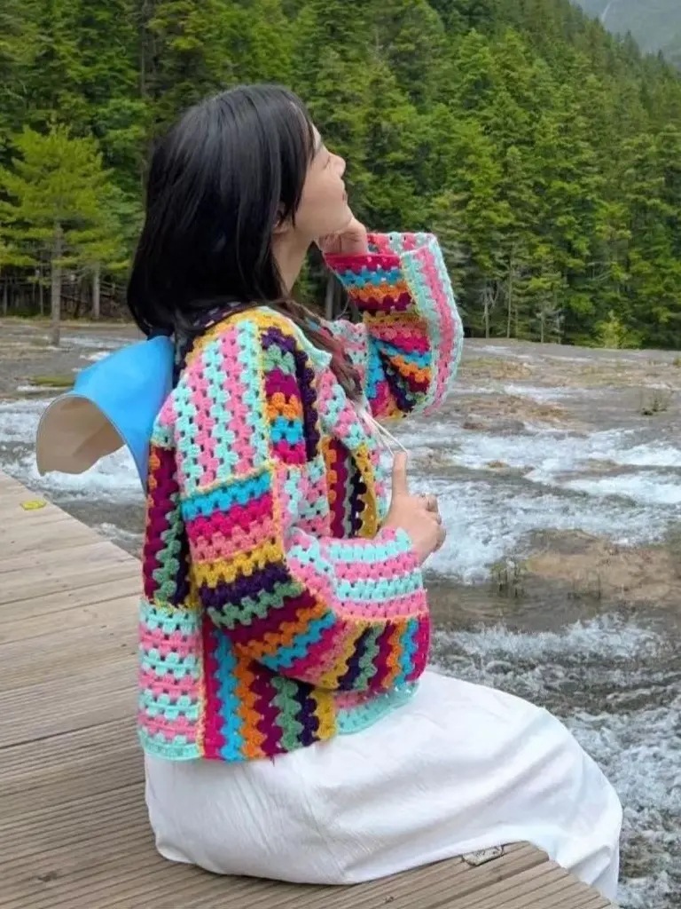 Korean New Sweet Hyun Ya Feng Heavy Industry Woven Nine-color Stitching Top Loose Knitted Cardigan Jacket Women's Fashion