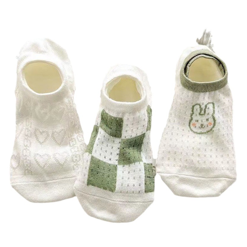 Boat Socks Women's Spring and Summer Green Flower Short Socks Thin Japanese All-match Short Tube Boat Socks Women's Socks Summer Women's Socks
