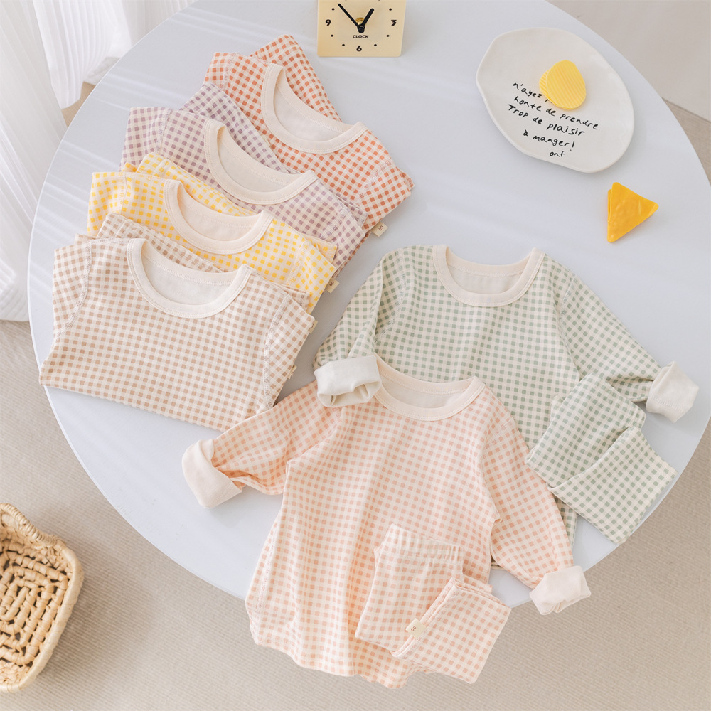 Picture of ins Plaid children's home wear underwear suit boys and girls baby bottoming clothes children's autumn clothes long pants suit