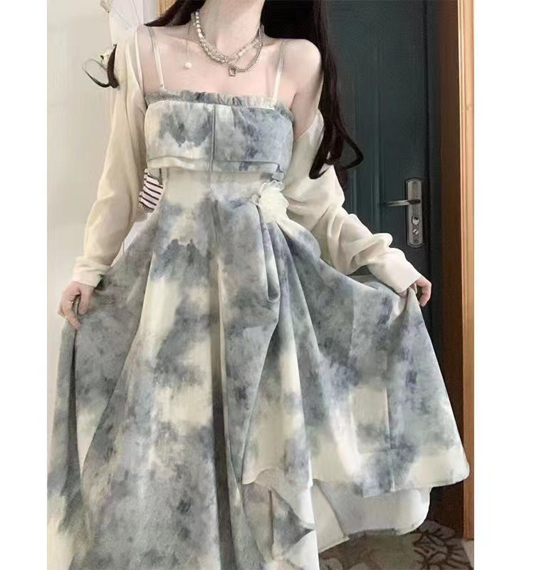 Picture of Retro ink painting chest-wrapped sling dress women's 2023 summer tea break off-neck high waist elegant sweet dress
