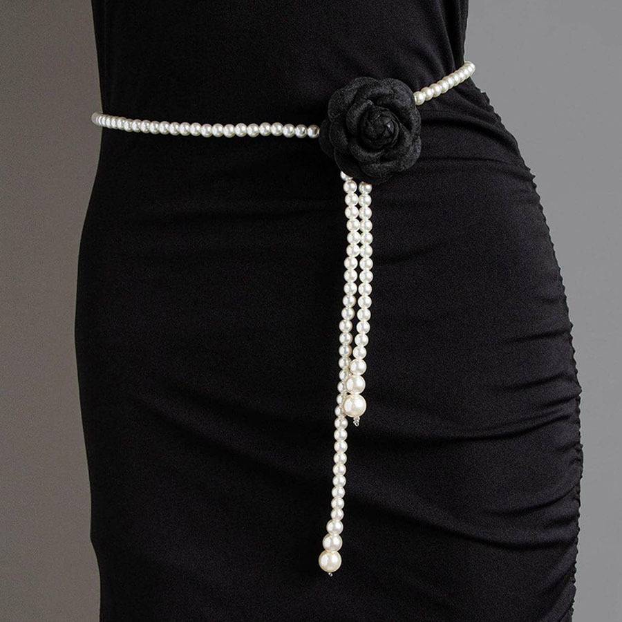 Camellia Pearl Fragrant Style Waist Chain Black and White Flower All-match Belt dress Shirt Belt Waist Chain Decoration