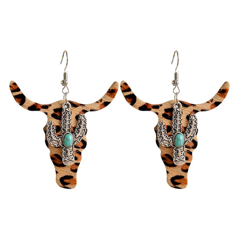 Leather Leopard Classic Cattle Head Earrings American Western Texture Cow Cactus Earrings