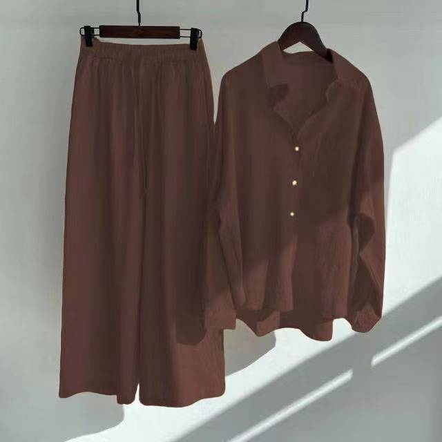 Picture of Cross-border Amazon Women's 2-piece Vintage Plus Size 2022 Cotton and Linen Shirt suit High Waist Loose Trousers