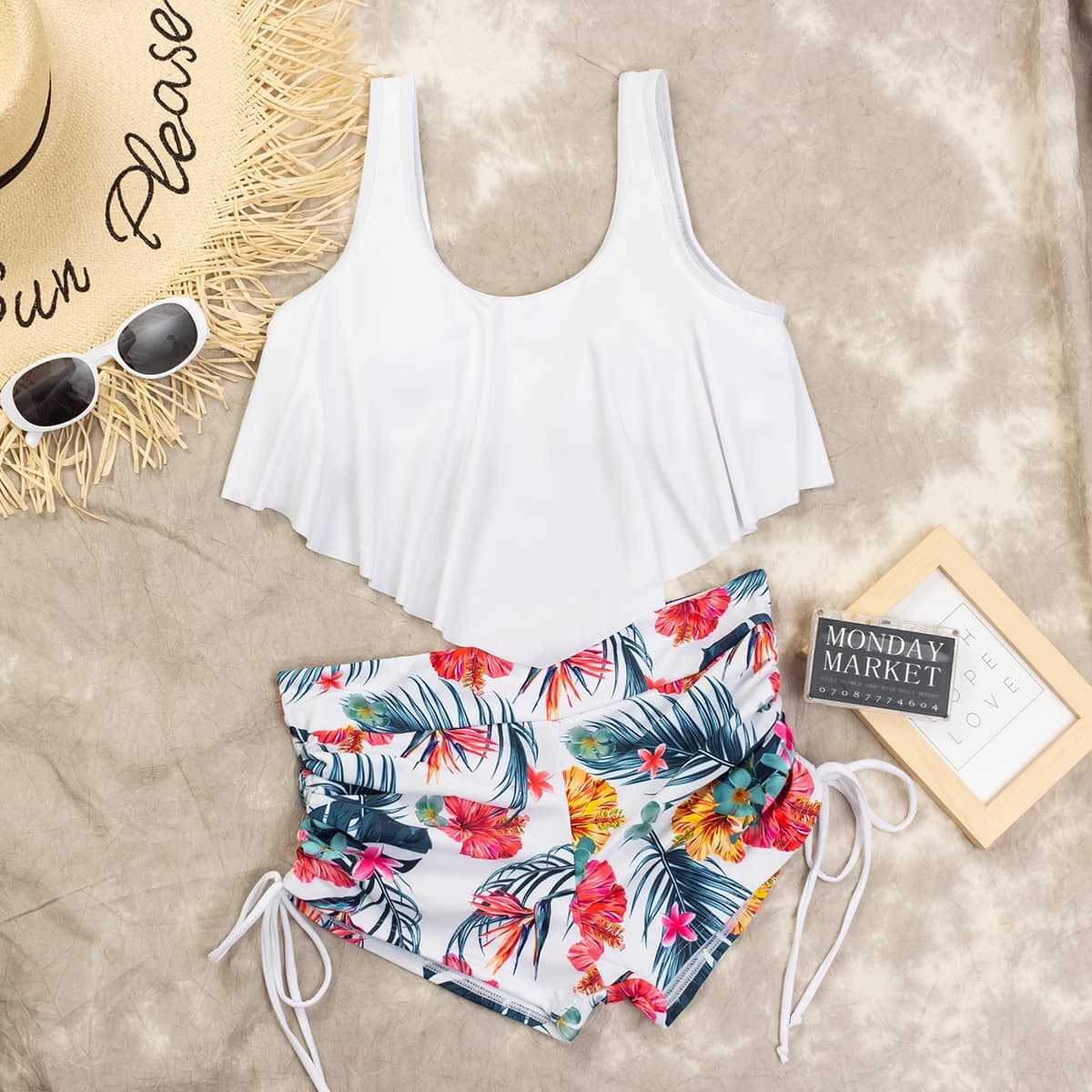 New Swimwear Women's Fashion Ruffle Print Drawstring European and American Bikini Split Swimsuit Women's Bikini
