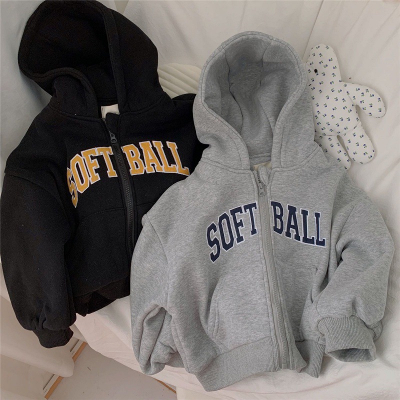 Children's Wear Sporty Style Letter Printed Thickened Loose Baby's Cardigan Jacket Trendy Hooded Sweater for Boys and Girls