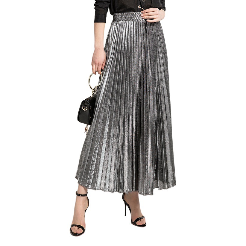 2020 spring and summer new pleated skirt dress wholesale European and American plus size high waist gold beach skirt women