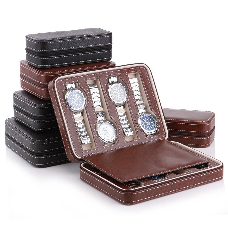 Watch Box Cross-Border Spot Pu Leather Pebbled Watch Zipper Bag High-End Portable 2-Digit 4-Digit 8-Digit Gift Box Manufacturer
