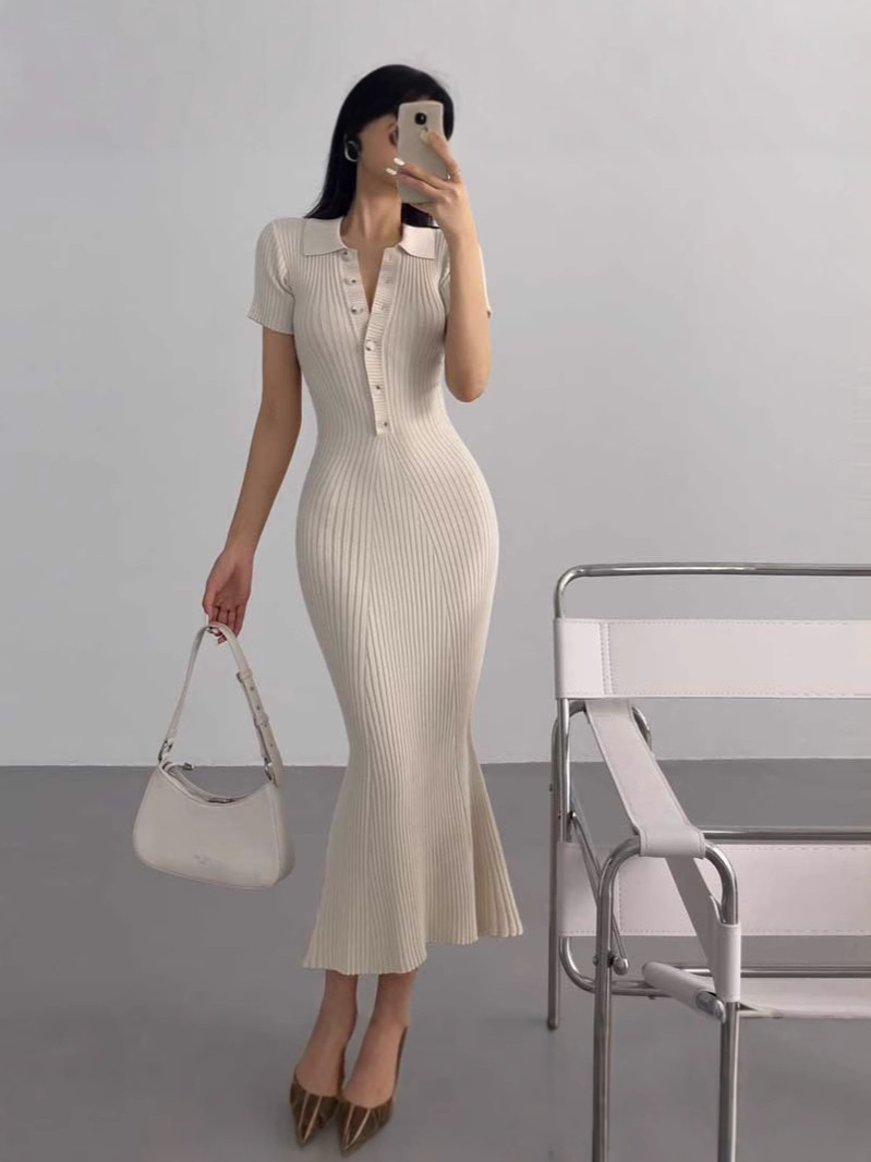 Mid-Length Sexy Polo Collar Dress for Women 2023 Summer New Style Slimming Look Over-The-Knee Hip Skirt