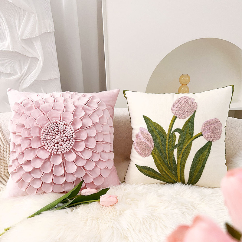 Nordic Flower Pillow Cyber Red Pink Tulip Pillow Girls Sofa Living Room Bay Window Pure Cotton Bedside Cushion New