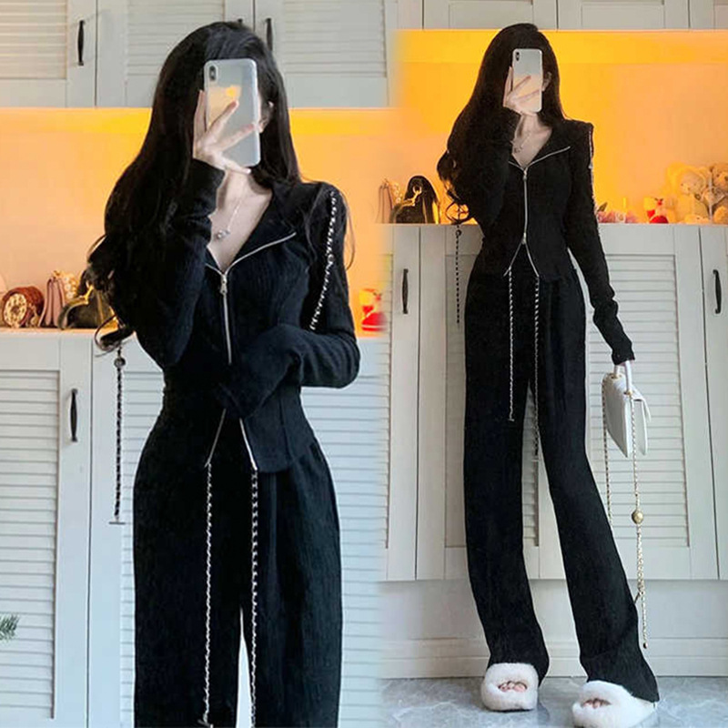 Foreign Trade 2023 Light Mature Long-sleeved Hooded Casual Fashion Outer Wearing New Women's Top Wide-leg Pants Super Fire Two-piece Set