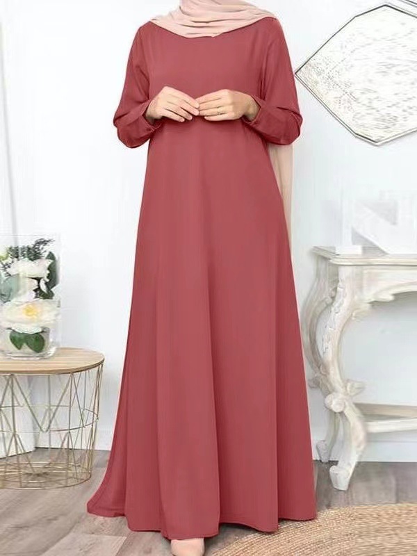 Picture of in stock New Cross-border Middle East Muslim Solid Color Loose Pullover Casual Elegant Long Sleeve Long dress Factory Batch