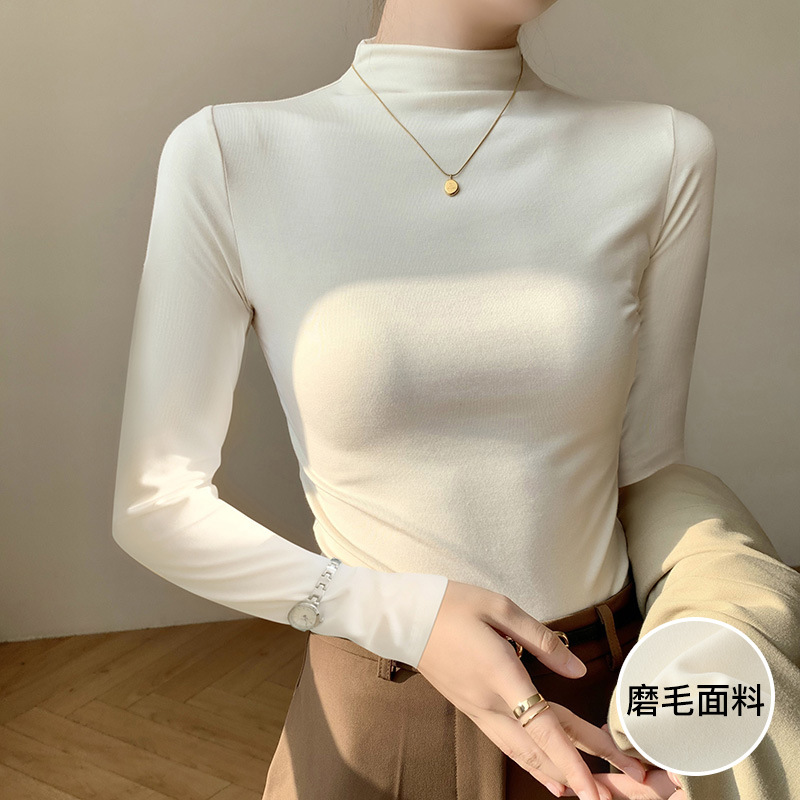 Half-high Collar Base Shirt Autumn and Winter New Slim-fit Warm Fleece Long-sleeved T-shirt Women's Solid Color All-match Top