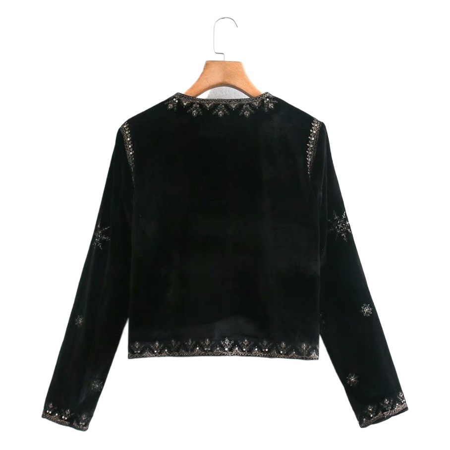 2021 Autumn New Amazon European and American Clothing Wholesale Black Printed Round Neck Retro Long Sleeve Cardigan Jacket