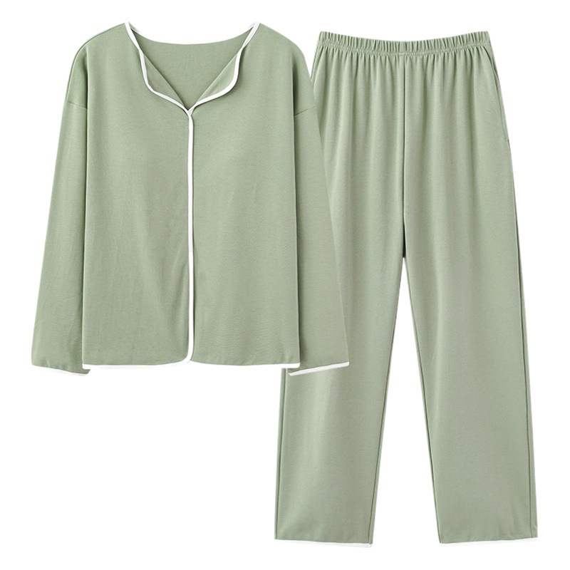 New style women's pajamas with chest pad autumn and winter pure cotton long sleeve simple casual home wear thin can be worn outside two pieces