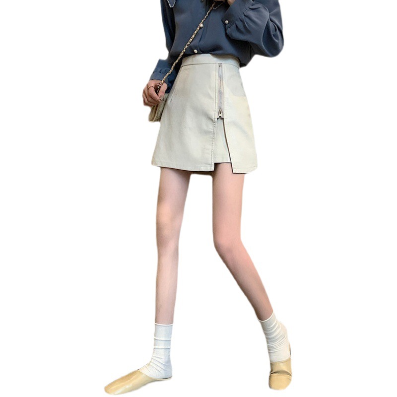 Small Leather Skirt Skirt Women's Spring and Autumn 2023 New Fashion Zipper PU Leather Skirt Slimming High Waist A- Line Skirt Pants