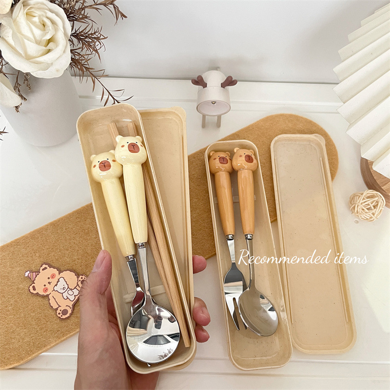 Picture of Ceramic Handle Cute Cartoon Skin Spoon Chopsticks suit Portable Tableware Cartoon Spoon Fork for Students