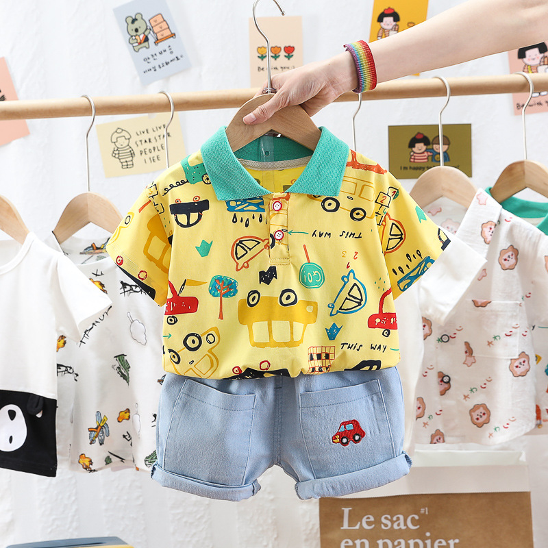 Foreign trade children's clothing new summer boys and girls Baby Children's lapel cartoon car short sleeve denim shorts two-piece set