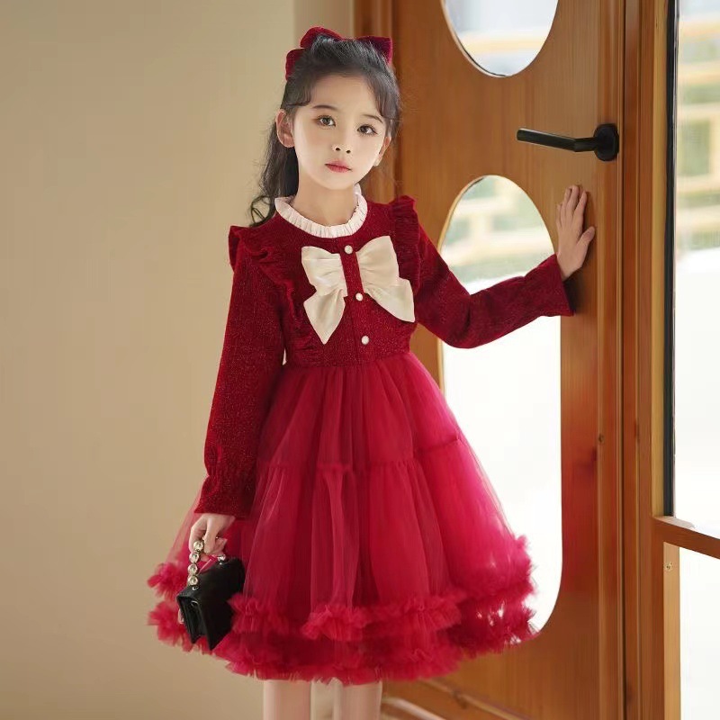 Picture of Designed Girls' Long-Sleeved Dress 2024 Autumn and Winter New Style Bow-Knot Fashionable and Sweet First Birthday Cake Dress