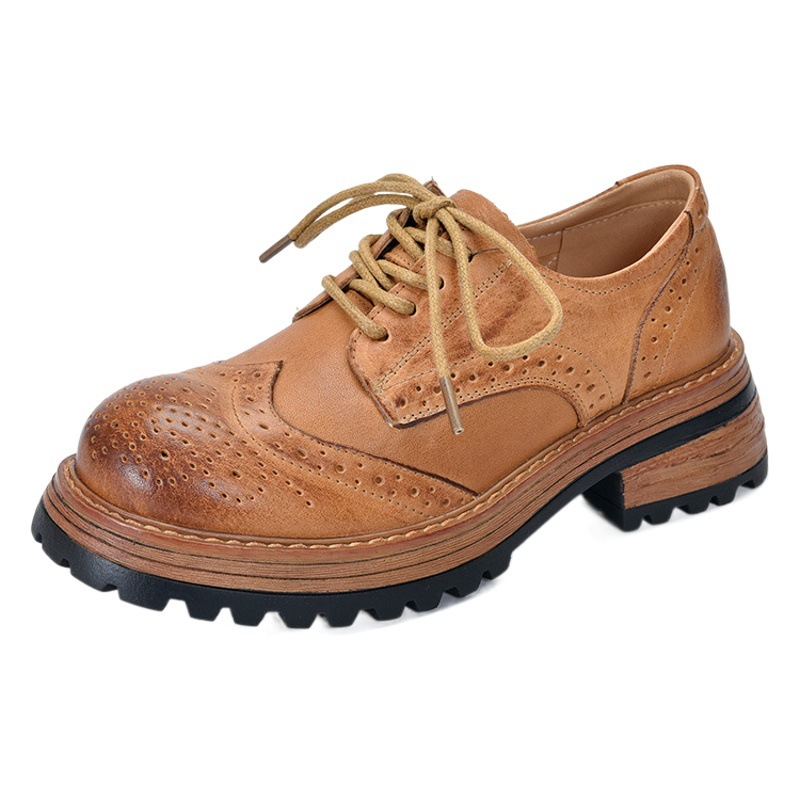 [Event Price 148] Brogue Genuine Leather Women's Shoes Thick-Soled Lace-Up Flats Deep-Top Low-Top Leather Shoes for Women