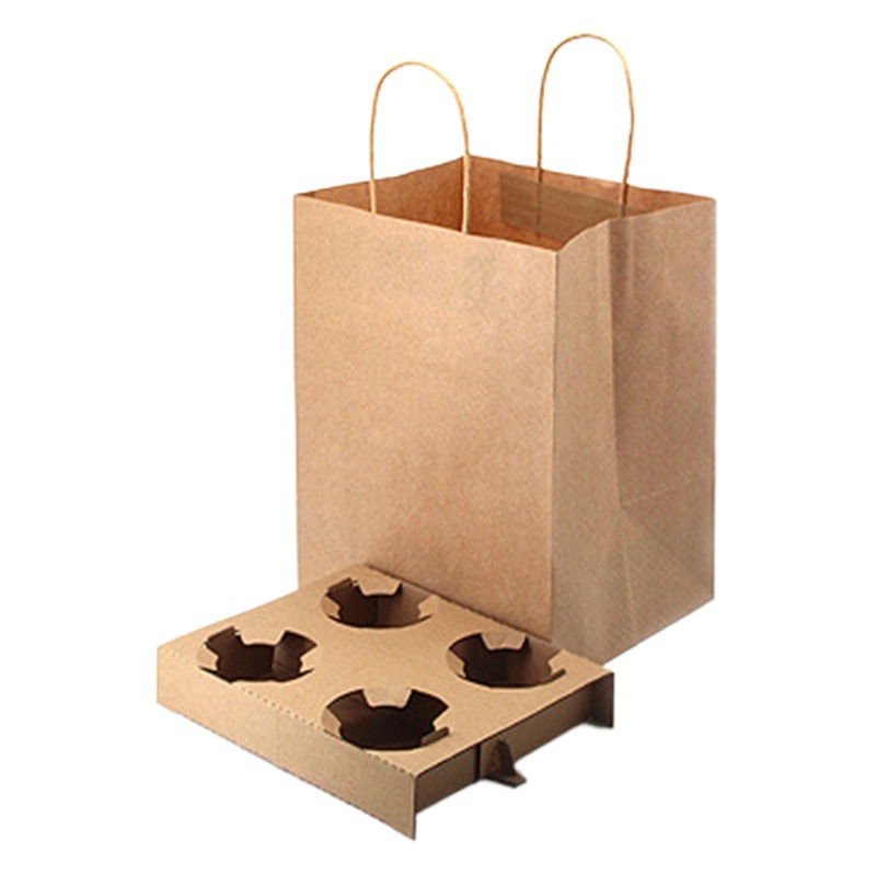 Multi-seat coffee milk tea color printing LOGO takeaway bag cardboard base cup holder Kraft paper packing bag paper bag in stock