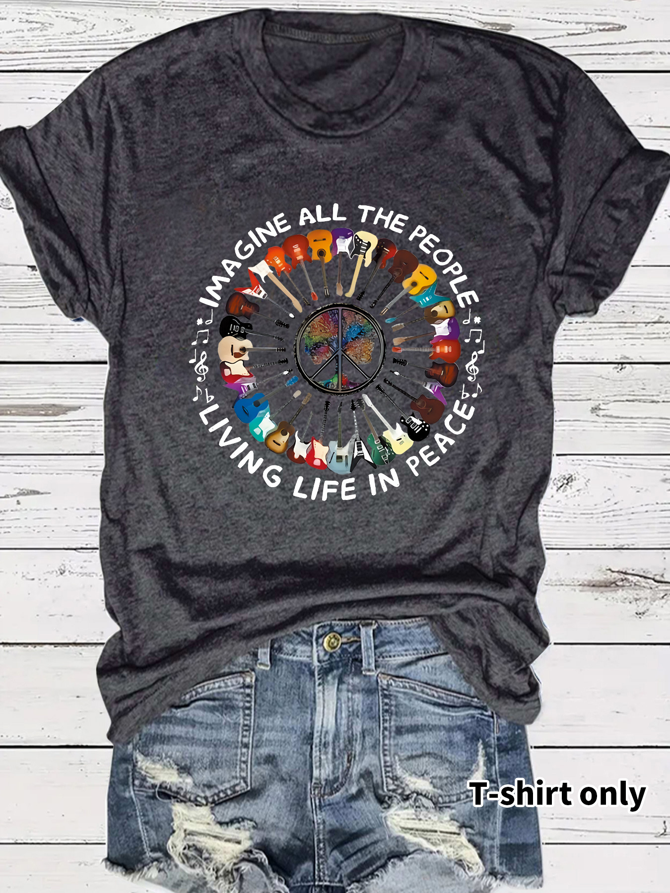 Amazon Cross-Border E-Commerce Export Letters and Guitar Print T-Shirt Short-Sleeved Loose Fashion T-Shirt Export
