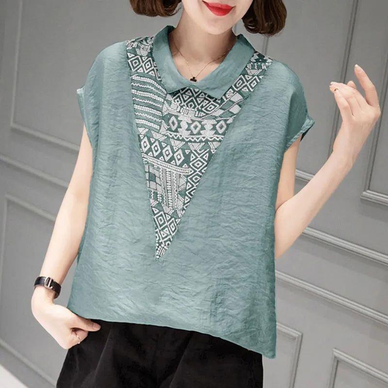 Doll Collar Short Sleeve Cotton Linen Shirt Summer Loose Slim Stitching Large Size Women's Shirt Printed Belly Covering Thin Top