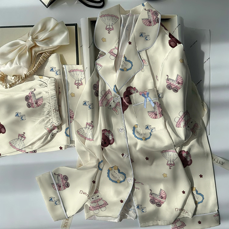 Picture of Ice Silk Pajamas Women's Spring and Autumn New Girly Cartoon Printed Long Sleeve Silk Thin Home Clothes Real Shot Wholesale