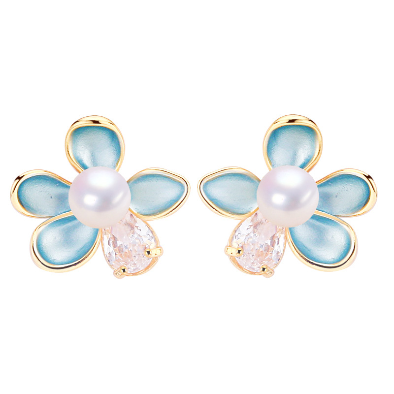 Picture of Zhuji Natural Freshwater Pearl Earrings Woman Morandi Color Fresh Zircon Flower Pearl Earrings 18K Bag