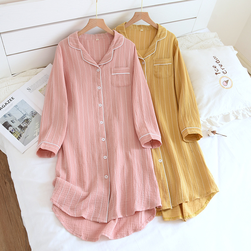 Korean style artistic style nightdress women's cotton gauze spring and autumn summer thin striped cardigan long sleeve home dress mid-length dress