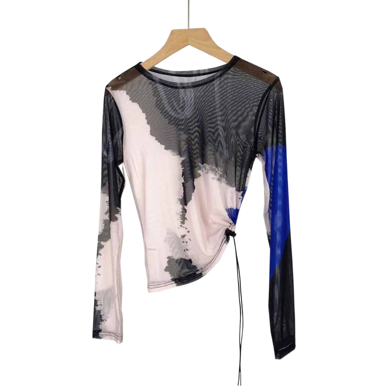 Real Shot Sexy Spice Girl Short Drawstring Mesh Base Shirt Women's Pure Desire Tie-Dye Perspective Inner Long Sleeve T-shirt