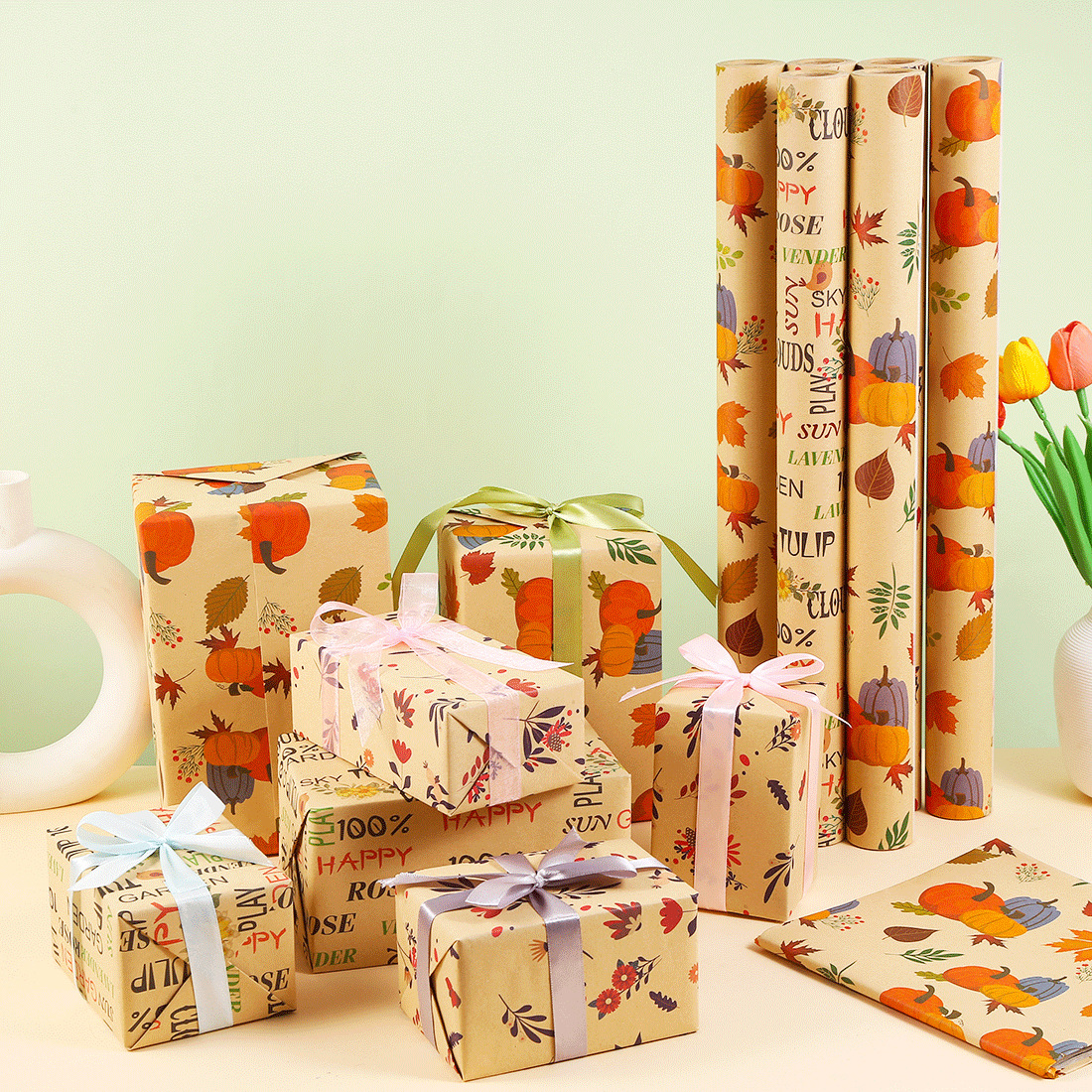New Mori Plant Leaves Pumpkin Wrapping Paper Wholesale Gift Wrapping Paper Holiday Printing Gift Wrapping