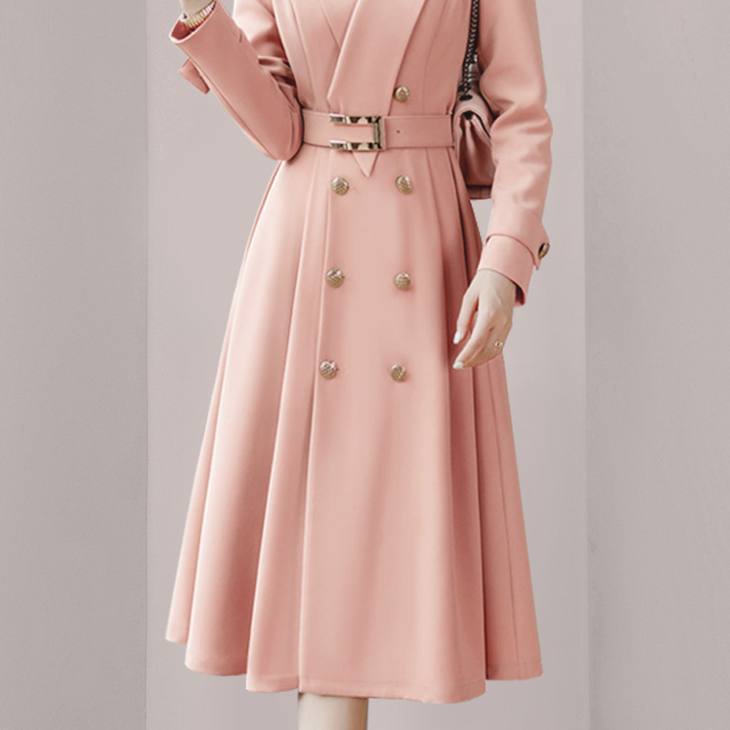 Picture of 2025 Guangzhou New Spring and Autumn Elegant Pink Trench Coat for Women, Double-Breasted with Tie, Mid-Length Fashionable Jacket
