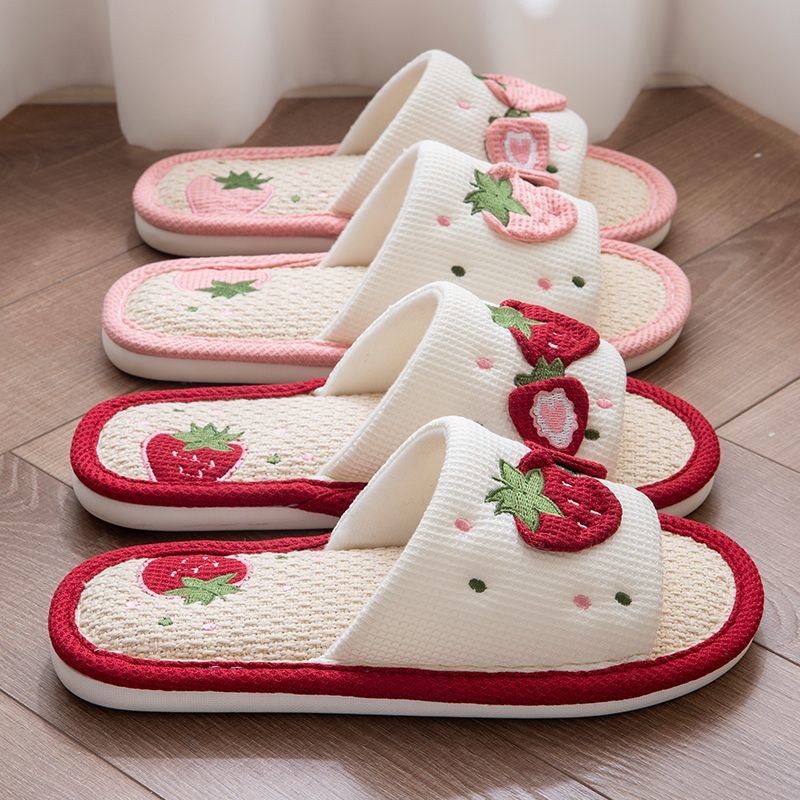Four Seasons Linen Strawberry Slippers Women's Sweet Cartoon Home Soft Bottom Mute Non-slip Wear-resistant Cotton and Linen Floor Slippers