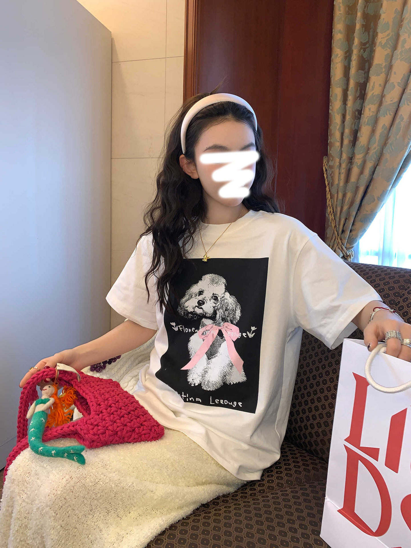 2025 Summer New Style Bow Pixel Puppy Print Threaded Round Neck Printed Cotton Loose Short-Sleeved T-Shirt