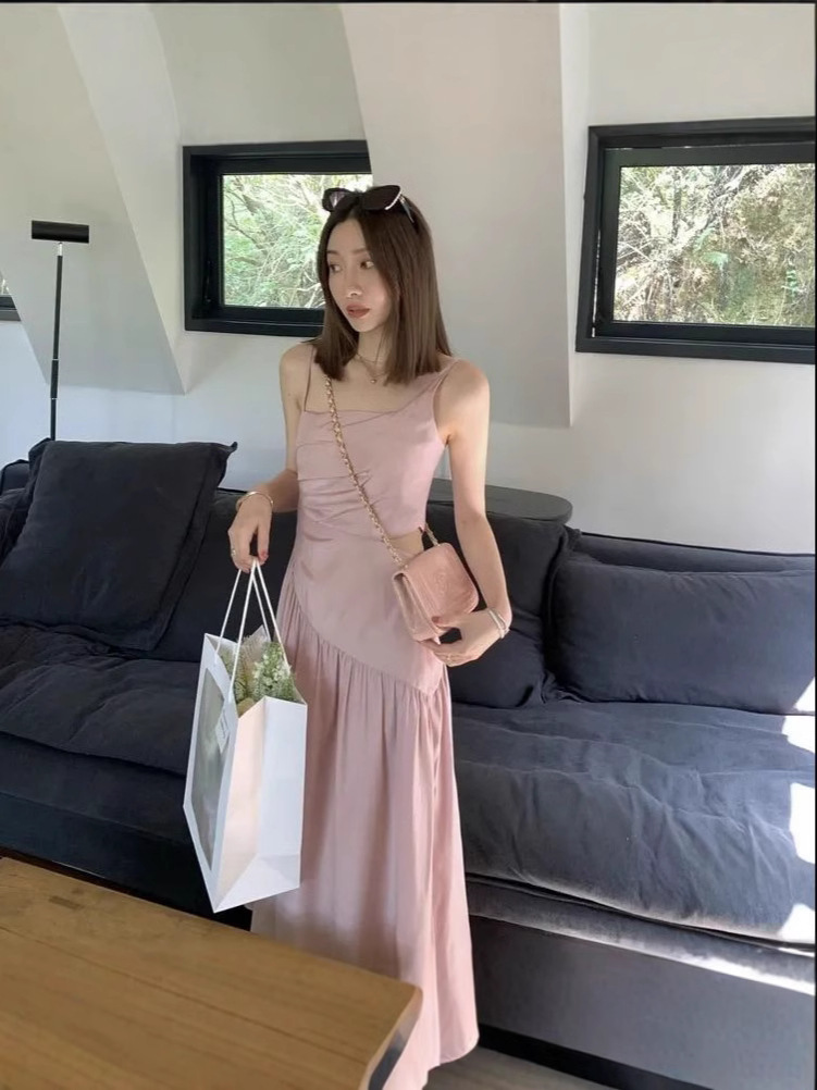 Irregular Pleated Sling dress Women's 2025 Spring and Summer New High-grade Light Luxury Tight Waist Slim Long Skirt