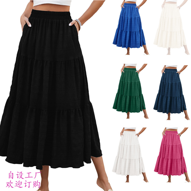 Women's Summer Casual Elegant Blouse Layered Long Dress High Waist A- Line Elegant Long Dress with Pocket 1402