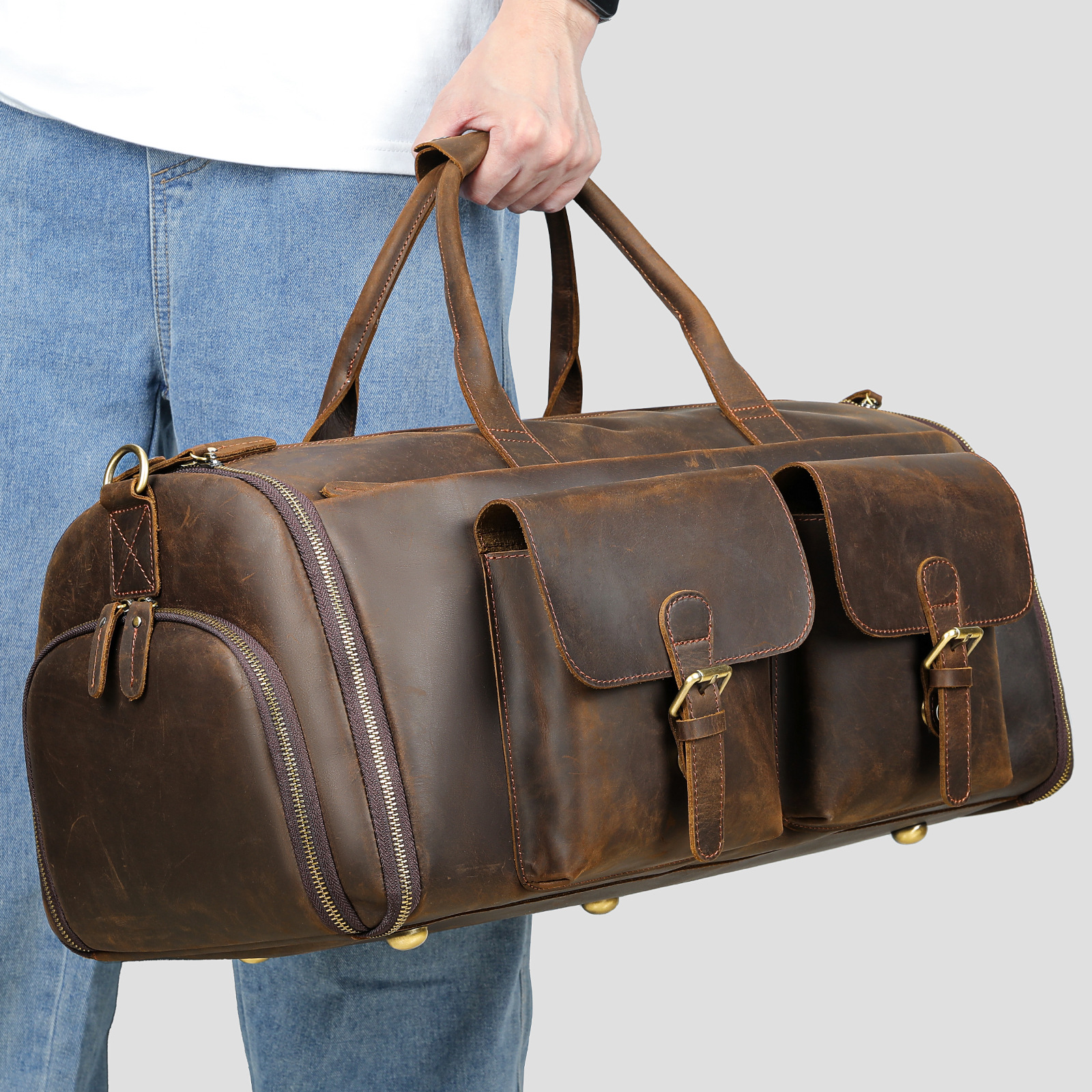 Picture of Crazy Horse Leather Large Capacity Travel Bag Men's Portable Fitness Bag with Shoe Bin Men's Retro Casual High-end Luggage Bag