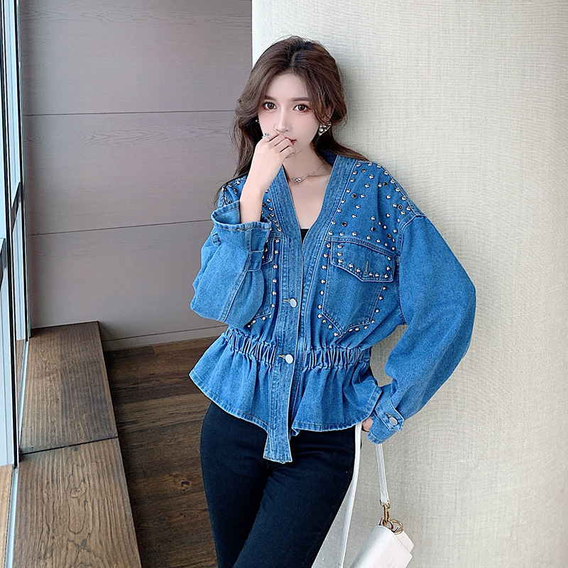 On-site auction, actual price, in-stock with all three standards. 2021 early autumn new Korean style waist-cinching V-neck loose denim jacket for women