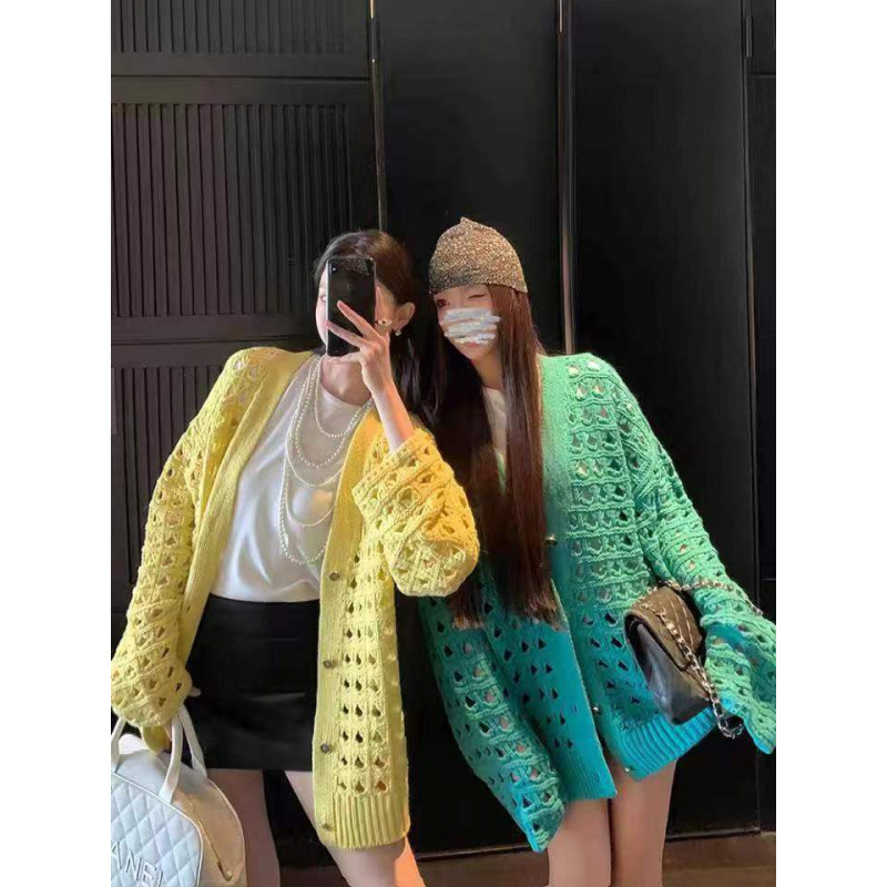 South Korea Dongdaemun Hollow Sweater Women's Autumn New Loose Sweater Jacket Retro Long Sleeve Cardigan Top