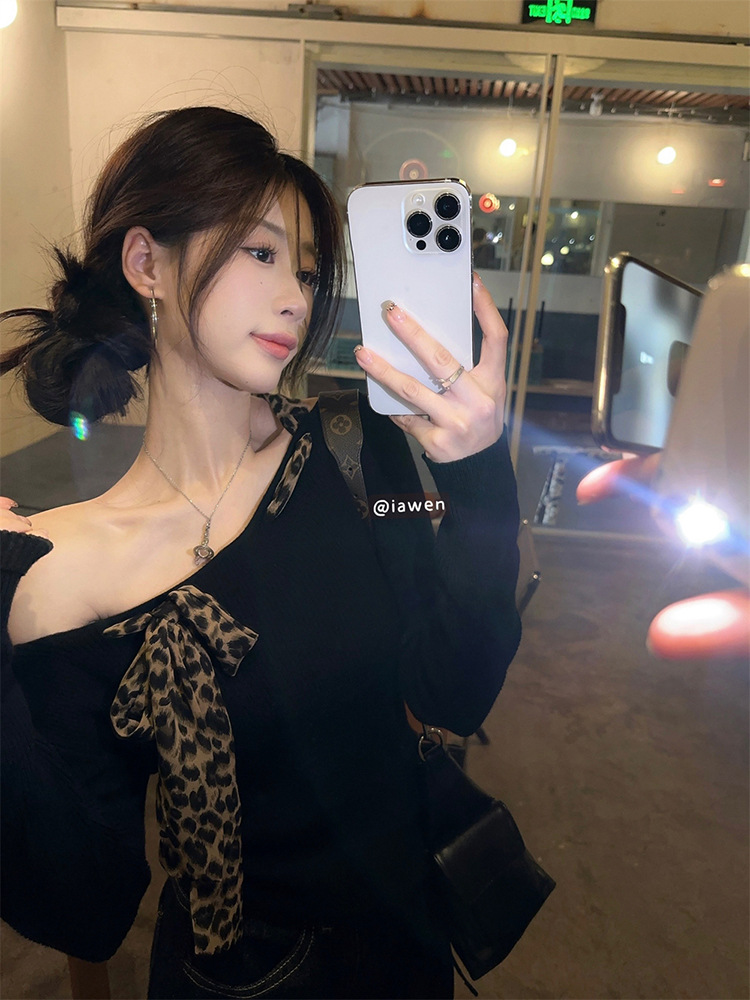 French Retro Lace-up Leopard Bow Strapless T-shirt Women's Autumn Design Sense Slim-fit Slim-fit Strapless Top