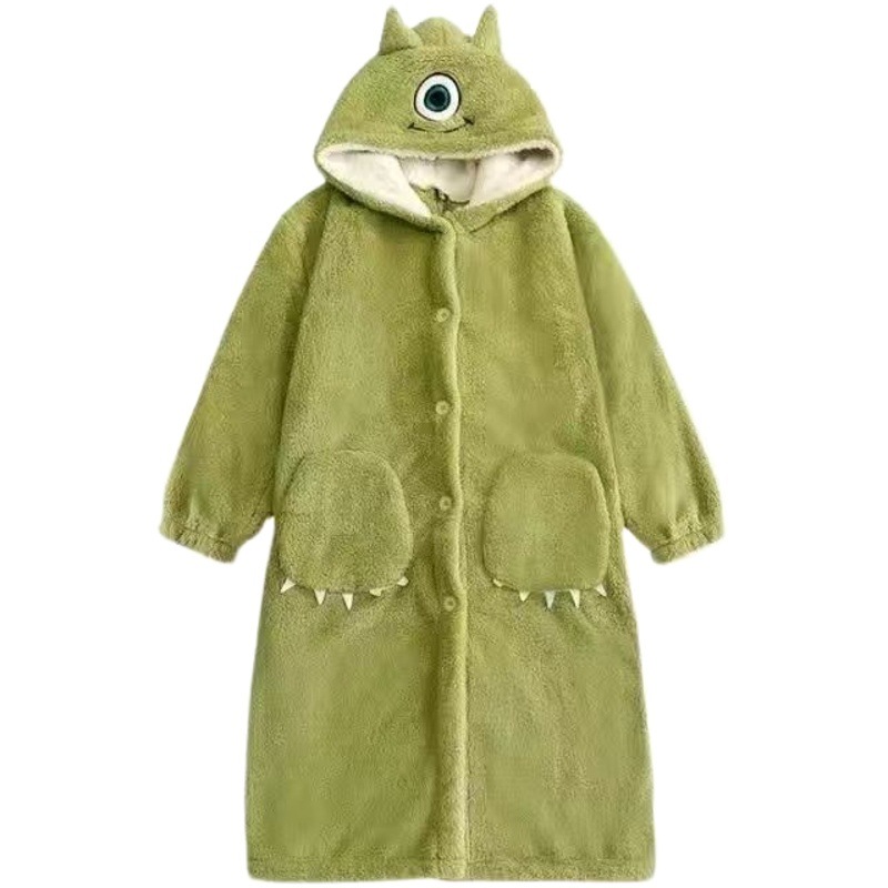 Cute Big-eyed Hooded Coral Fleece New Autumn and Winter Pajamas Nightgown Home Clothes Thickened Outer Wear Internet Celebrant Couple