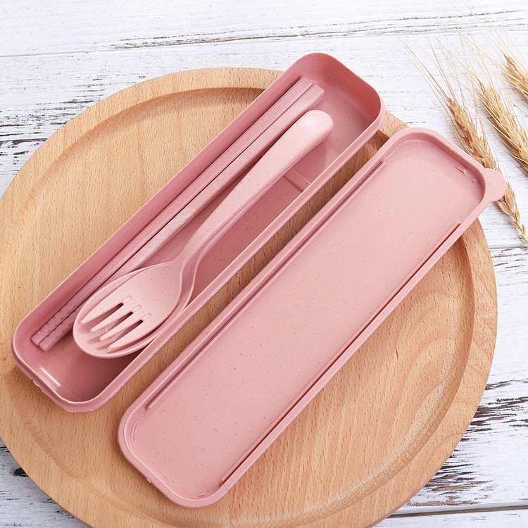 Picture of Wheat Straw Tableware Fork, Spoon and Chopsticks Three-Piece Set Scandinavian Color Kidsren's Outdoor Travel Picnic Portable Tableware Set