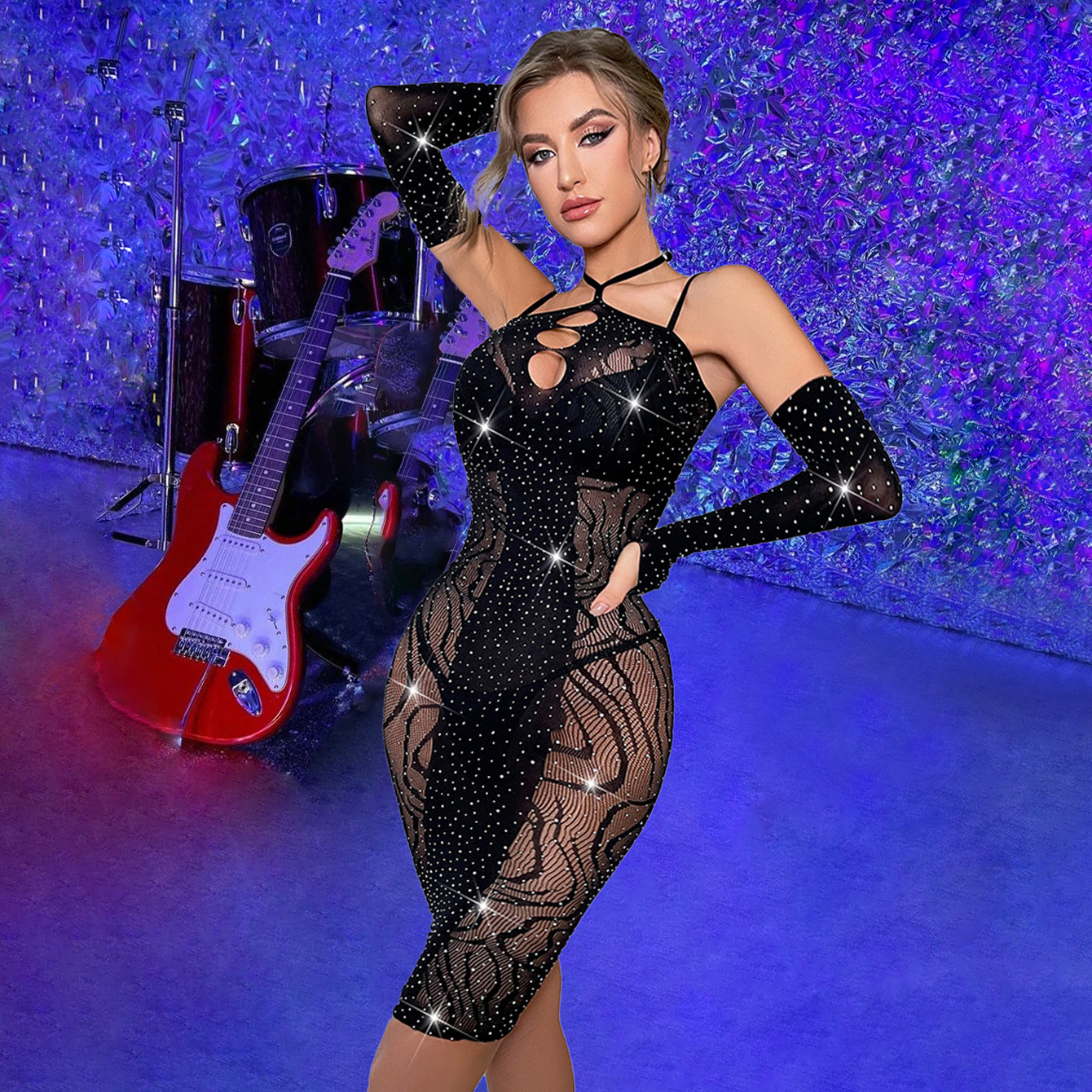 European and American ins Elegant Sexy Sling Strap Hot Diamond Sexy Underwear Women's Bright Diamond Free Hip Tight Mesh Dress Wholesale