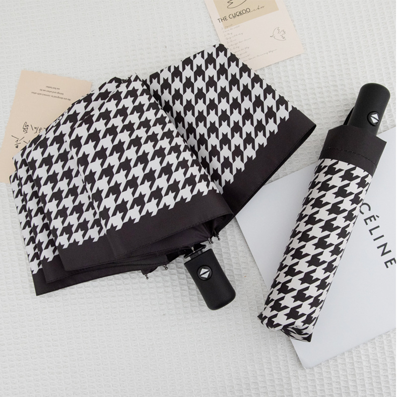 Picture of Wholesale Fully Automatic 70% off Sunny Umbrella Houndstooth Plaid Foldableing Umbrella Vinyl Anti-Uv Sun Protection Sunshade Umbrella