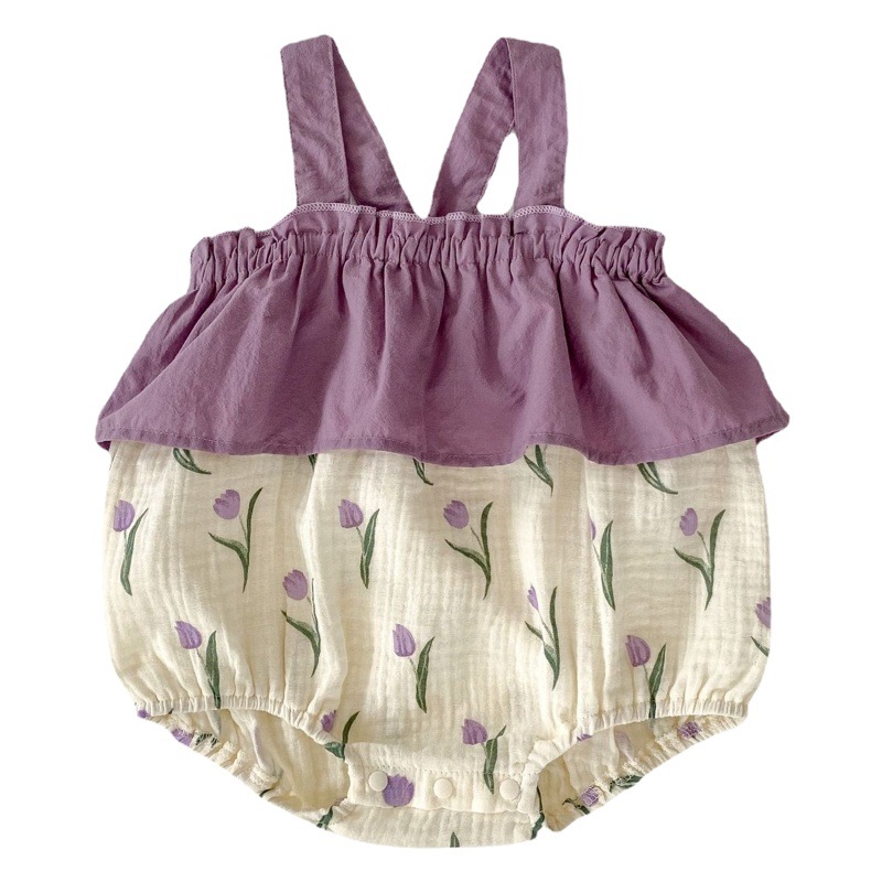 INS Summer New Baby Cool Sleeveless Sling Harper Climbing Wear Tulip Printed Bag Fart Clothes for Baby Girls