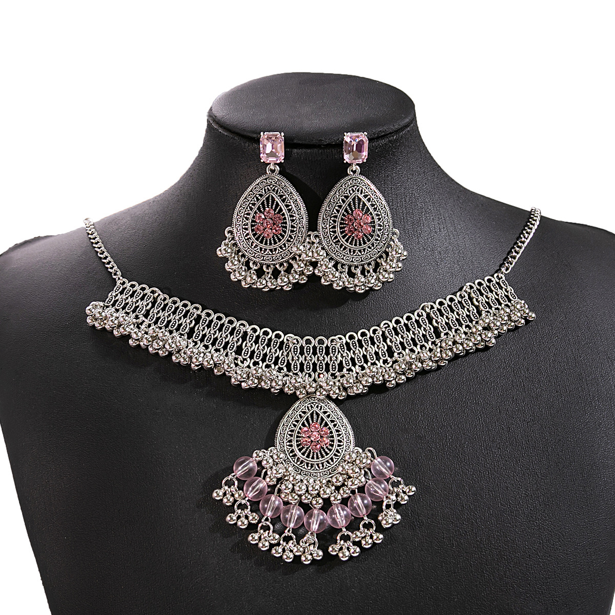Picture of European and American Luxury Flower Jewelry suit Retro Tassel Round Gem Necklace Geometric Water Drops Square Earrings for Women