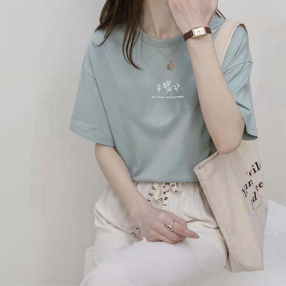 Picture of Short-sleeved Korean-style Round Neck T-shirt Women's Summer Loose Plant-printed Casual Solid Color Hot Student's Half-sleeved Top