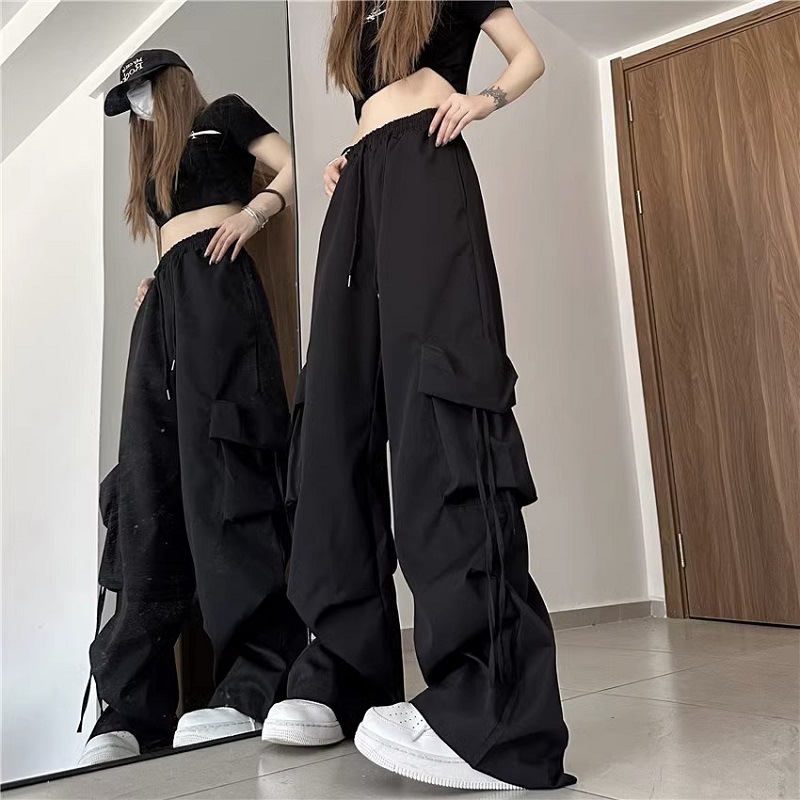 Picture of American Retro Niche Cargo Pants for Women with Stereo Flap Pocket Pantss, High-Waisted Straight Wide-Leg Ribbons, Loose Casual Floor-Length Pants