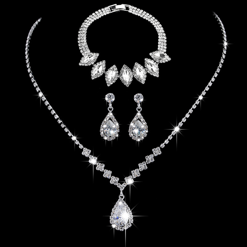 Picture of Brilliant diamond zircon water drop necklace earrings bride wedding jewelry shooting jewelry set wholesale
